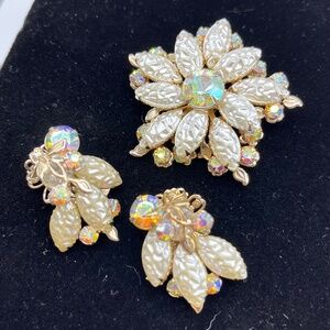 Vintage Flower, Crinkle Pearl, + A.B. Brooch + Earring set.